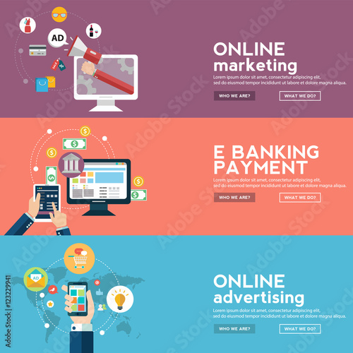 Online business banners set with advertising , marketing and e banking payment in flat style