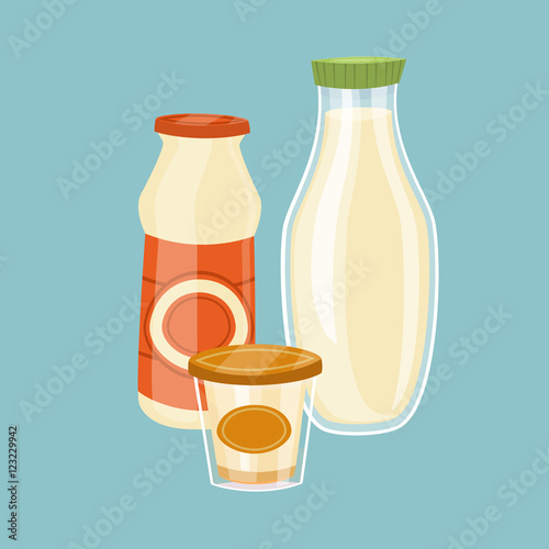 Assortment of dairy products isolated on blue background, vector illustration. Nutritious and healthy milk products. Natural and healthy food. Organic farmers products. Dairy icon.