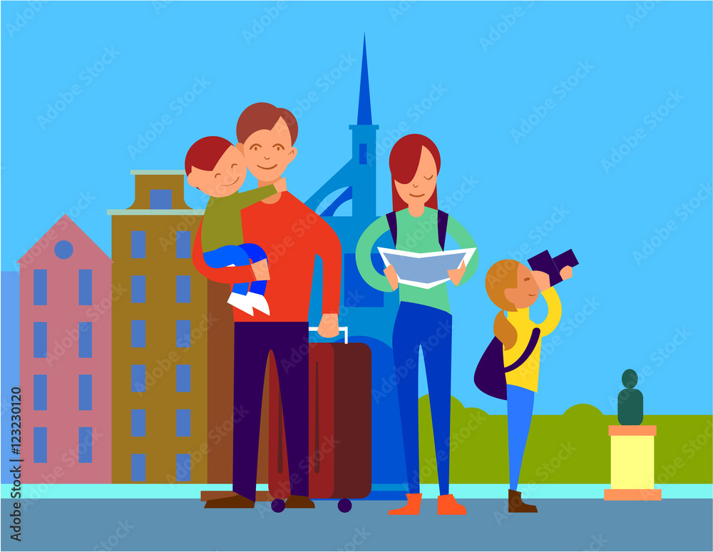 Traveling with family in foreign country. Father with suitcase holding son on hand, mother watching in map, daughter making photos. Couple with children on vacation in Europe. For travel company ad