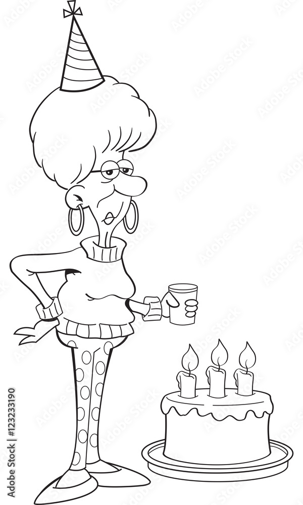 Εκτύπωση καμβά Black and white illustration of an elderly women with a birthday cake