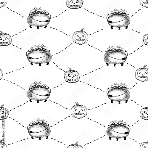 Vector seamless pattern for Halloween. Pumpkin, cauldron of potion, items on Halloween theme. Bright cartoon pattern for Halloween