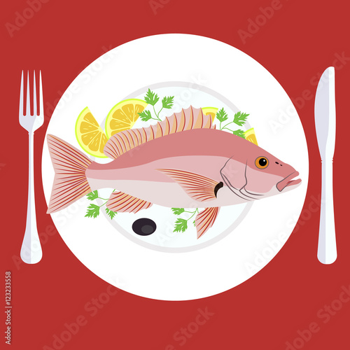 Vector illustration of grill prepared fish with lemon and parsley