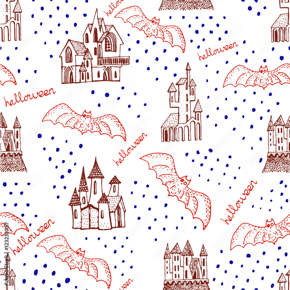 Vector seamless pattern for Halloween. Pumpkin, castle, witch, items on Halloween theme. Bright cartoon pattern for Halloween
