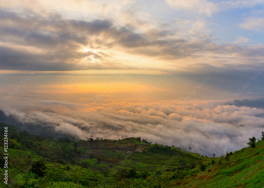 Foggy Sunrise morning in the mountains, Sunrise / Phu Tubberk National Park Phetchabun Province Asia Thailand