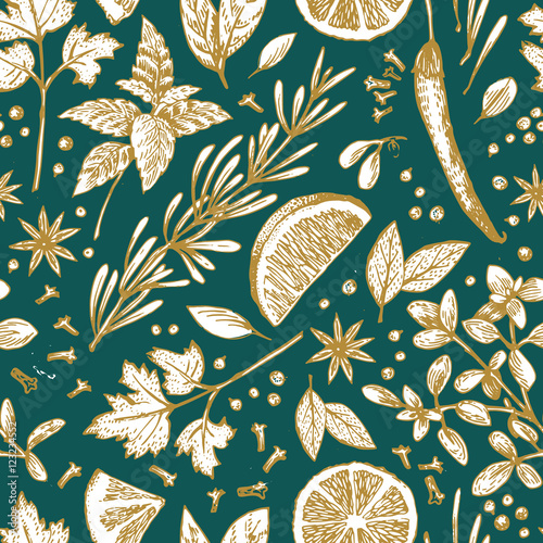 Vector seamless pattern with hand drawn lime and spices. Half lime, leaf, spices and seed sketch.