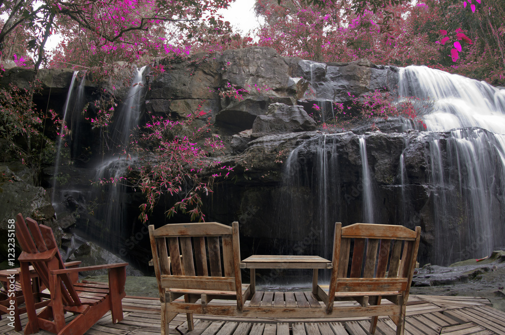 Fototapeta premium wooden chair in autumn forest at pang sida waterfall National Park sa kaeo Thailand