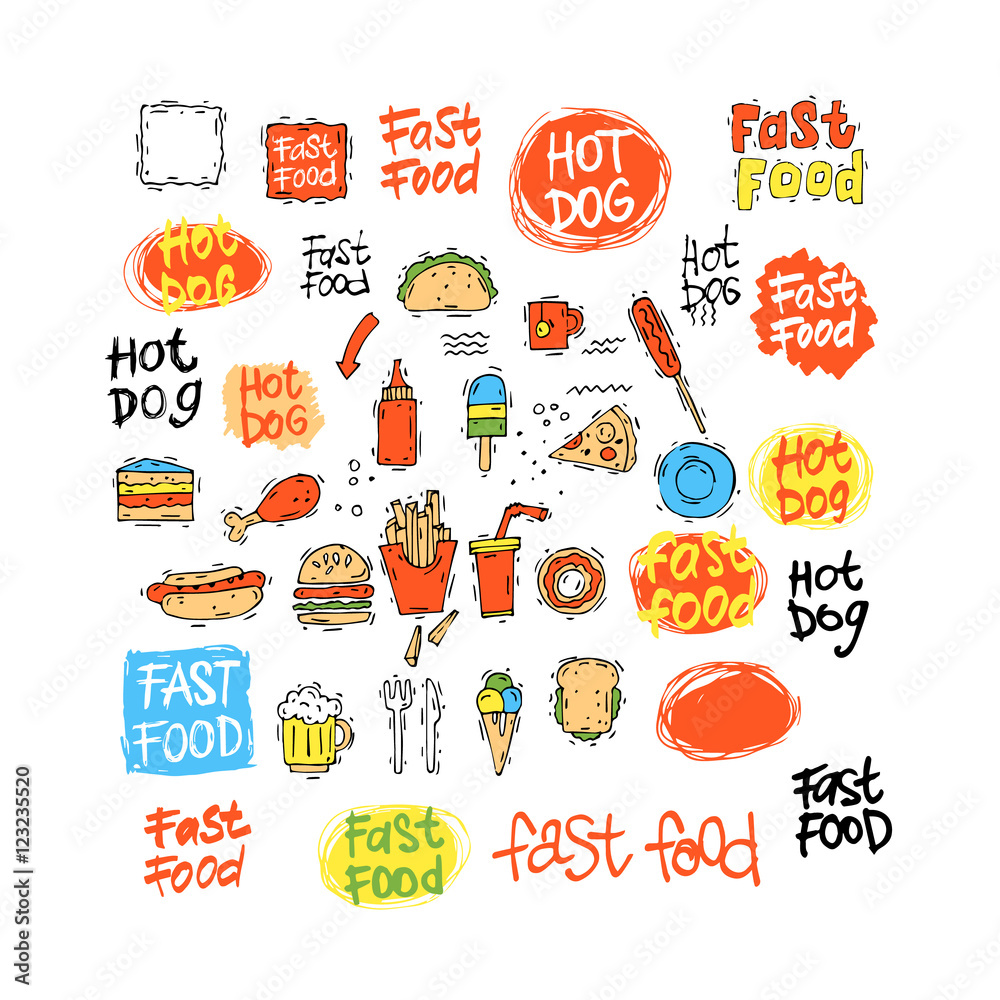 Fast food icon set hot dog, hamburger, pizza slice, ice cream. Fast food menu. Lettering. Hand-drawn illustration. Sketch. Isolated objects on white background. Vector illustration.