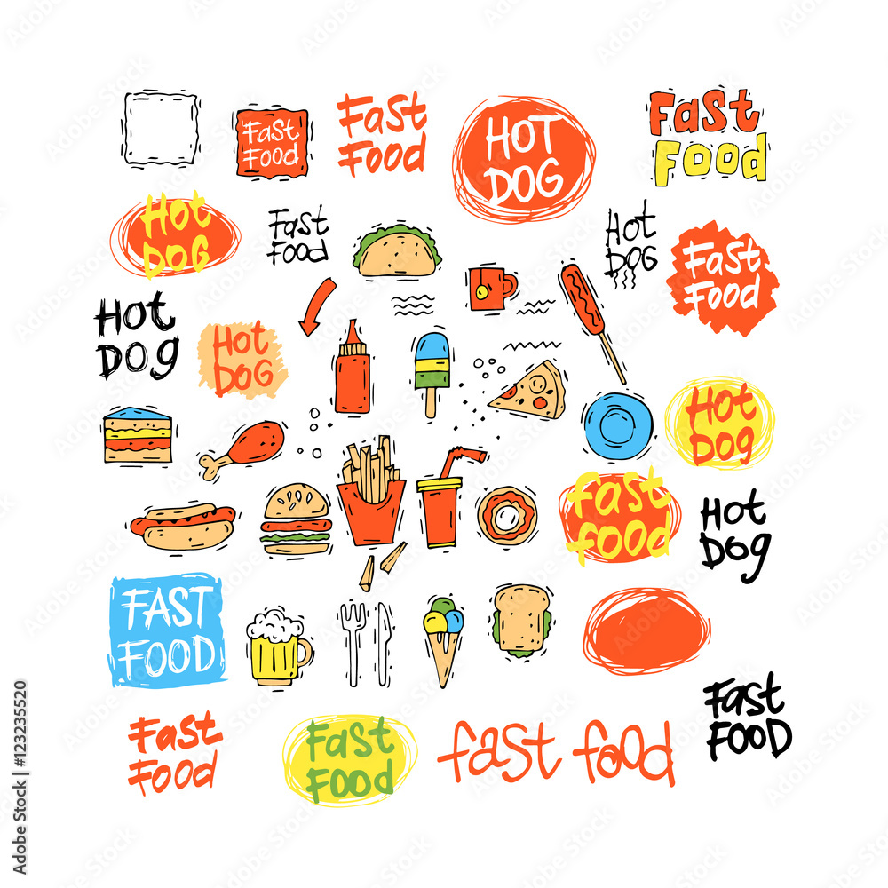 Fast food icon set hot dog, hamburger, pizza slice, ice cream. Fast food menu. Lettering. Hand-drawn illustration. Sketch. Isolated objects on white background. Vector illustration. Fast food icon set hot dog, hamburger, pizza slice, ice cream. Fast food menu. Lettering. Hand-drawn illustration. Sketch. Isolated objects on white background. Vector illustration.