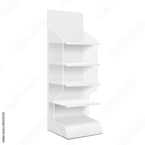 White Cardboard Floor Display Rack For Supermarket Blank Empty Displays With Shelves And Banner Products Mock Up On White Background Isolated. Ready For Your Design. Product Packing. Vector EPS10