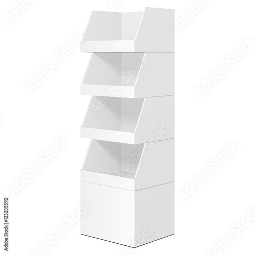 White Tabletop Stand, Cardboard Floor Display Rack For Supermarket Blank Empty Displays With Shelves Products Mock Up On White Background Isolated. Ready For Your Design. Product Packing. Vector EPS10