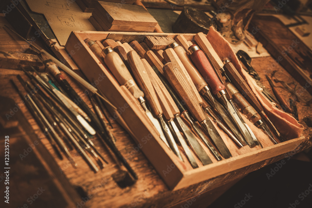 Close-up of the carpenter tools in restorer workshop Close-up of the carpenter tools in restorer workshop