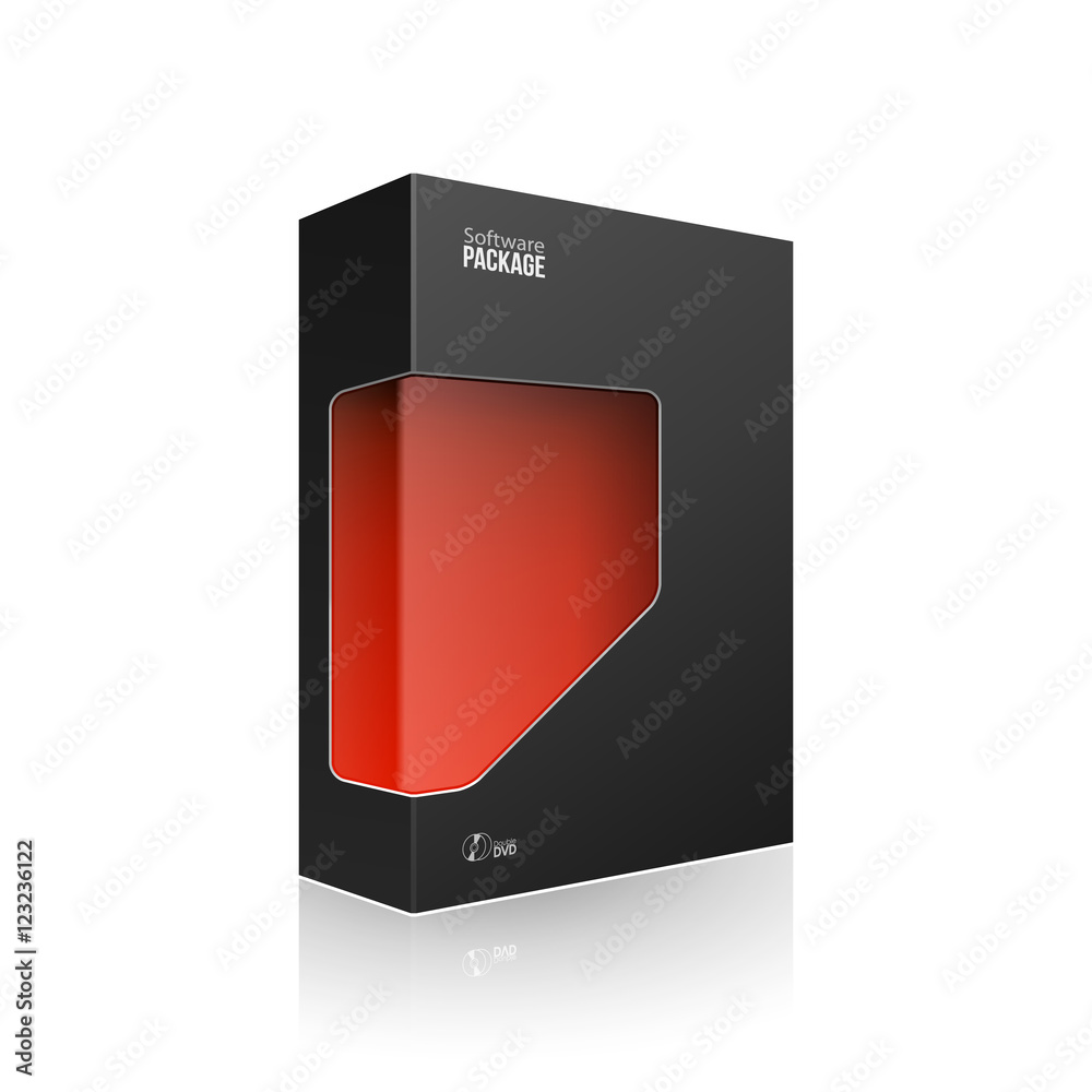 Black Modern Software Product Package Box With Red Window For DVD Or CD Disk. 3D Products On White Background Isolated. Ready For Your Design. Product Packing. Vector EPS10 Black Modern Software Product Package Box With Red Window For DVD Or CD Disk. 3D Products On White Background Isolated. Ready For Your Design. Product Packing. Vector EPS10