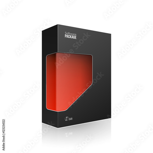 Black Modern Software Product Package Box With Red Window For DVD Or CD Disk. 3D Products On White Background Isolated. Ready For Your Design. Product Packing. Vector EPS10