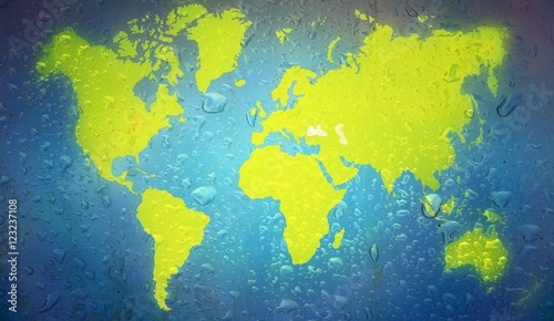 World map behind wet glass. Basic image for map courtesy NASA.