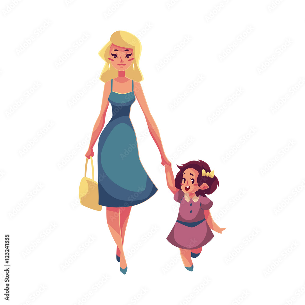 Mother and daughter walking together, cartoon vector illustrations isolated  on white background. Young beautiful mom holding her daughter hand and  walking together, happy family concept Stock Vector | Adobe Stock