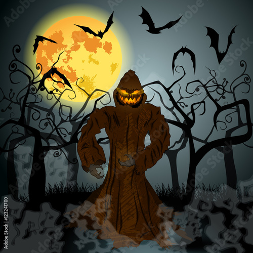 Halloween illustration with Jack O'Lantern, full Moon and bats