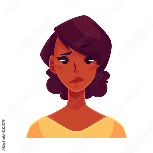 Pretty African girl, upset, confused facial expression, cartoon vector illustrations isolated on white background. Black woman feeling upset, concerned, confused frustrated.