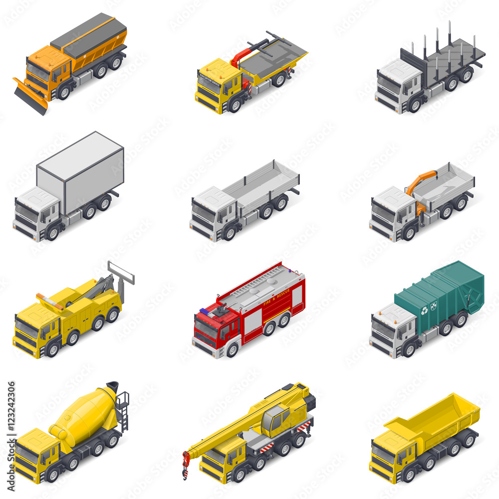 Fototapeta Commercial, construction, and service trucks isometric icon set