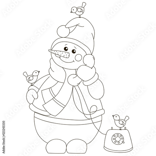 Snowman with bullfinches talking on a vintage telephone. Vector illustration, isolated object ,white background.