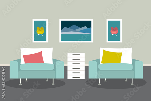 Living room with armchairs and pictures. Flat design vector illustration.