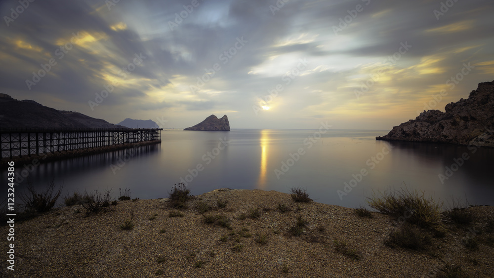 long exposure photography, Bay of Hornillo at Aguilas, Murcia on the Costa Calida with its 19th century pier