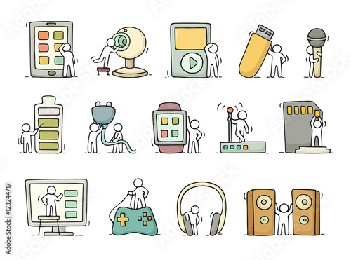 Electronic icons set of sketch working little people
