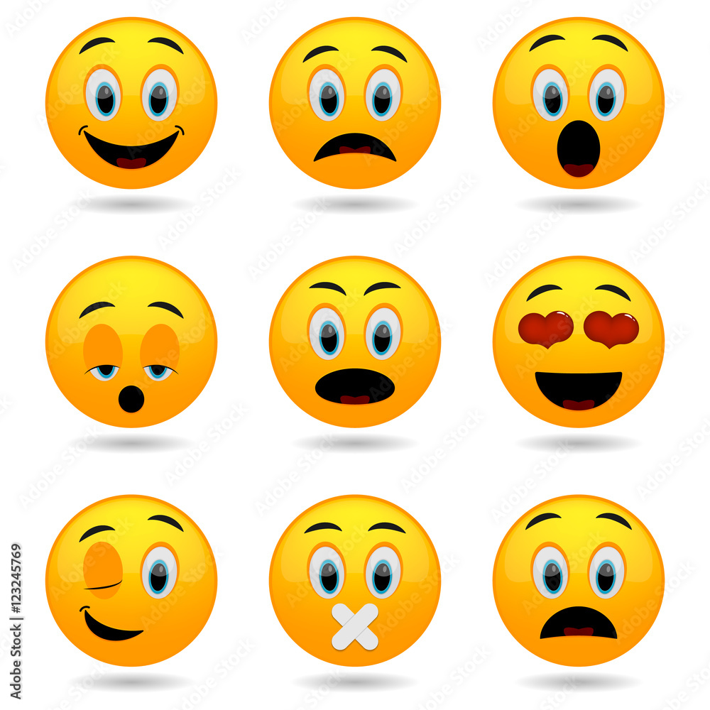 Set of Emoticons. Smile icons. Emotional funny faces in glossy 3D. Set of Emoticons. Smile icons. Emotional funny faces in glossy 3D.