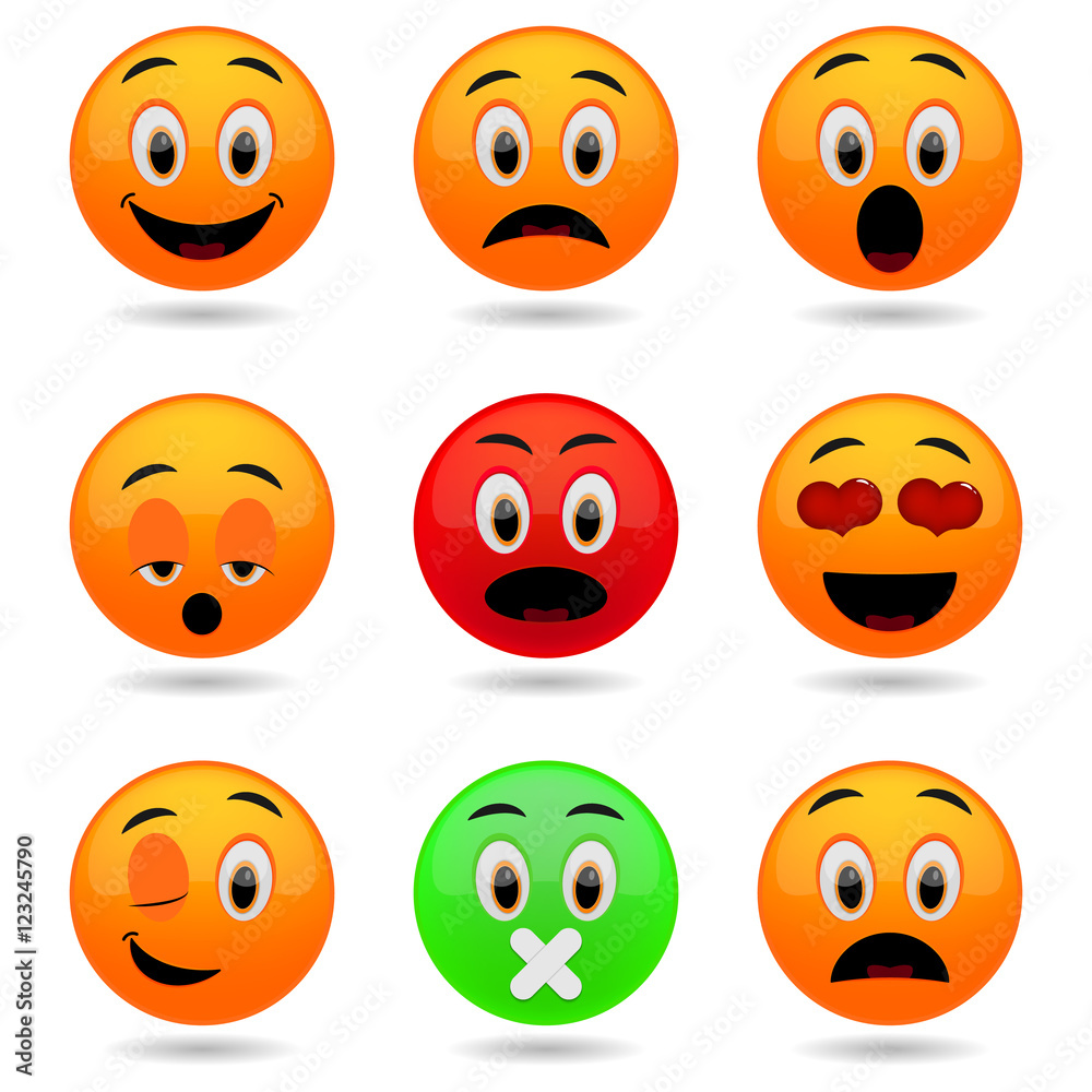 Fototapeta premium Set of Emoticons. Smile icons. Emotional funny faces in glossy 3D. 