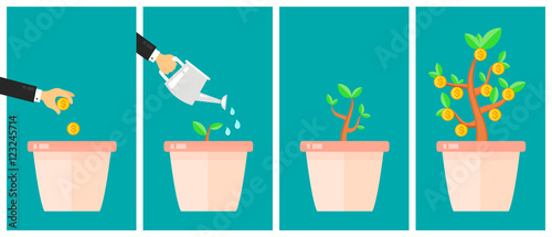 Business strategic asset allocation concept. Money tree flat design cartoon vector illustration. Business start up idea. Financial growth process timeline