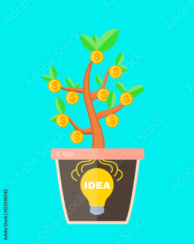 Business concept idea is profitable. lightbulb idea sign in a pot with money tree. Idea make money. Vector flat cartoon isolated illustration