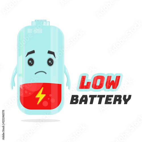 Low battery character design. Vector flat cartoon illustration. Energy power concept. Isolated on white background