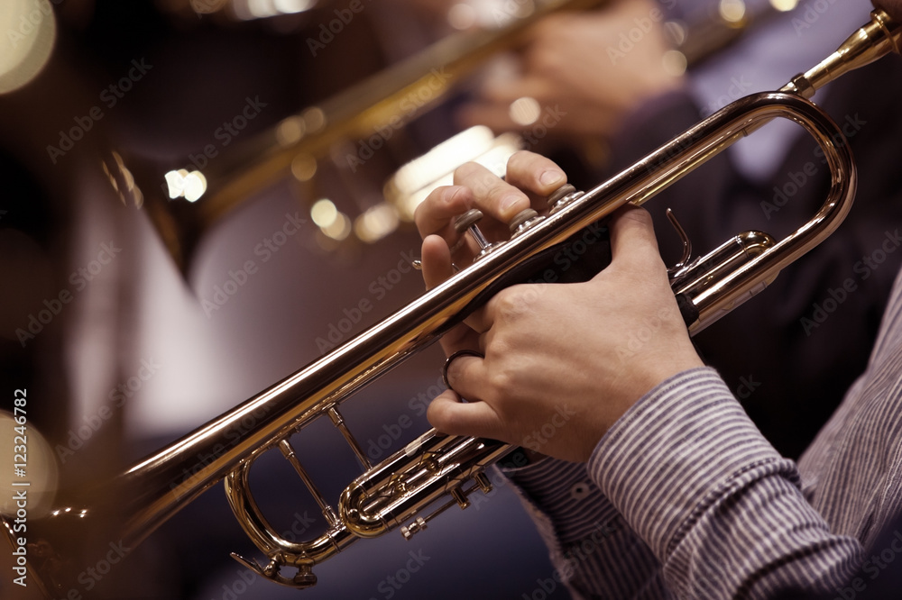 Obraz premium Hands of man playing the trumpet in the orchestra in dark colors