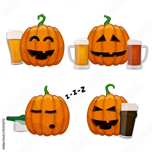 Set of drunk pumpkins. Happy Halloween pumpkins with glasses of beer. All saints eve beer party poster.