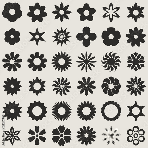 Black and white abstract flower bud shapes vector set.