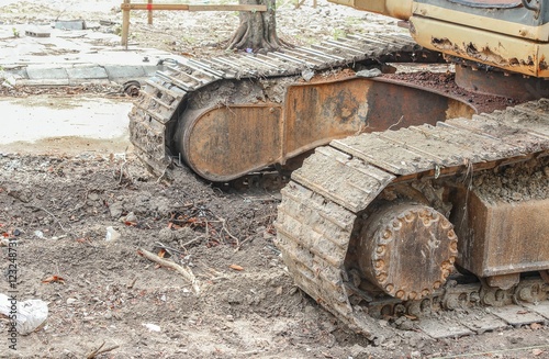 caterpillar of the excavator. Working outdoor Construction heavy