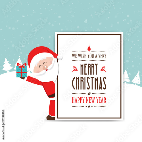 santa hold gift behind christmas card