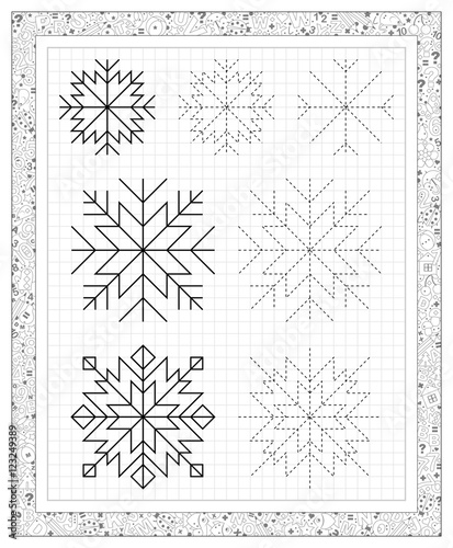 Black and white worksheet on a square paper with exercises for little children. Developing skills for writing and drawing. Vector image.