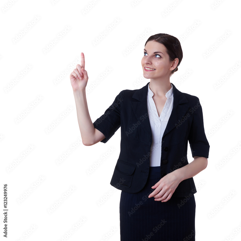 Smiling businesswoman standing over white isolated background Smiling businesswoman standing over white isolated background