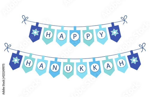 Cute festive bunting Happy Hanukkah with David Stars in traditional colors for your decoration