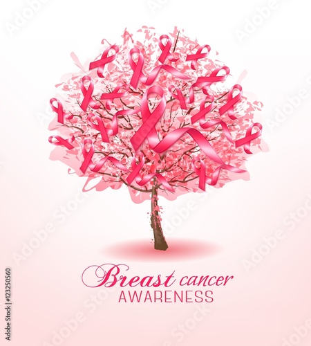 Breast cancer awareness ribbons on a sakura tree. Vector.