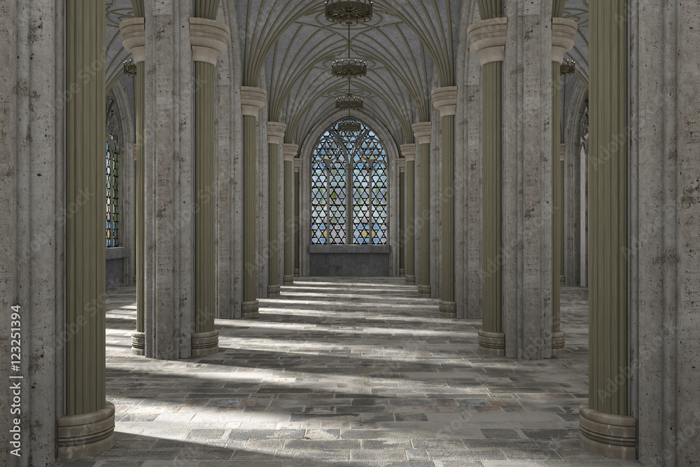 Gorgeous view of gothic hall interior 3d CG illustration