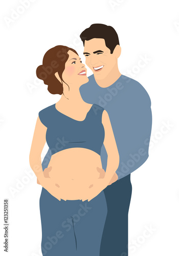 Couple waiting for baby. Pregnancy. Man hugs a pregnant woman. A happy family. Vector illustration
