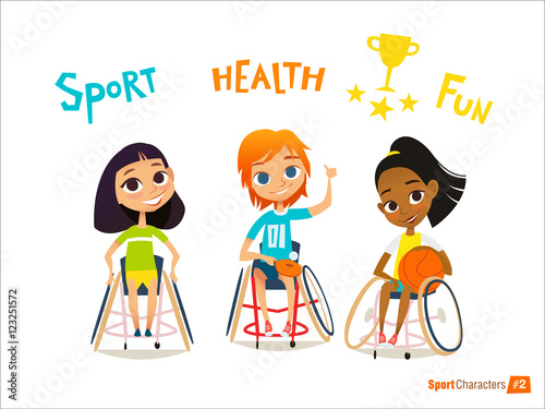 Handisport. Handicapped Kids Character. Coaching handicapped young sportsmen's. Medical rehabilitation. Vector Illustration.