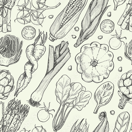 Seamless pattern with fresh vegetables. Corn, cherry tomatoes, asparagus, artichoke, Pattison, carrots, spinach, leek and squash