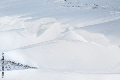 Winter road. Winter background. Drifts, snow, tire tread imprint. Copy space.