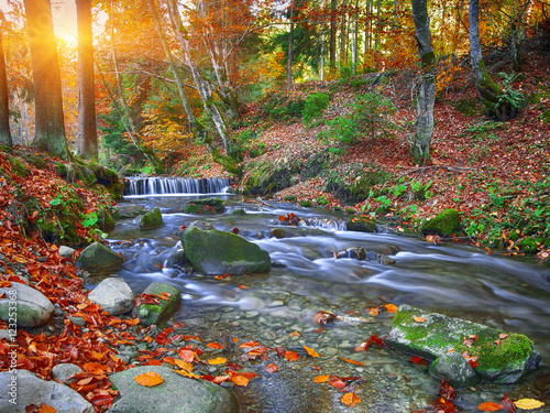 Fototapeta Naklejka Na Ścianę i Meble -  Mountain river with rapids and waterfalls at autumn time time