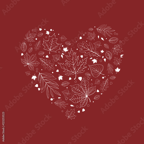 Autumn leaves heart design white outline on red background
