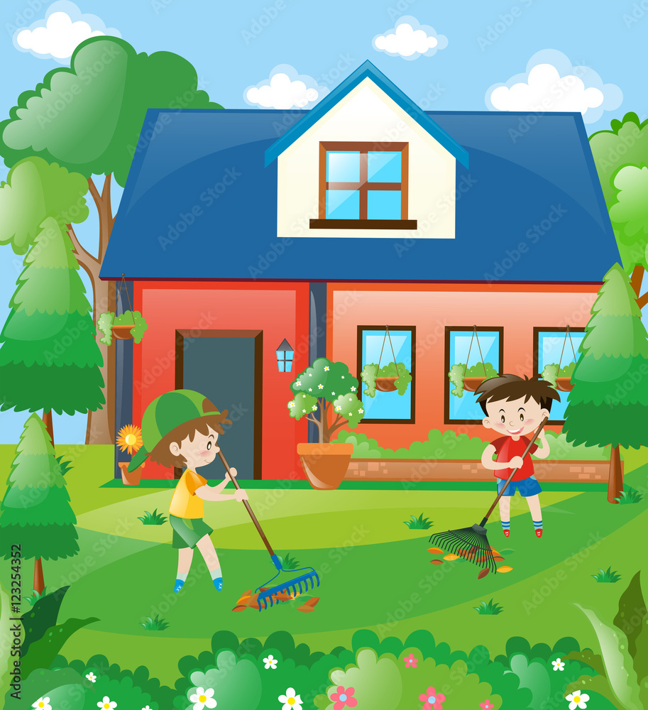 Kids raking leaves at home Kids raking leaves at home