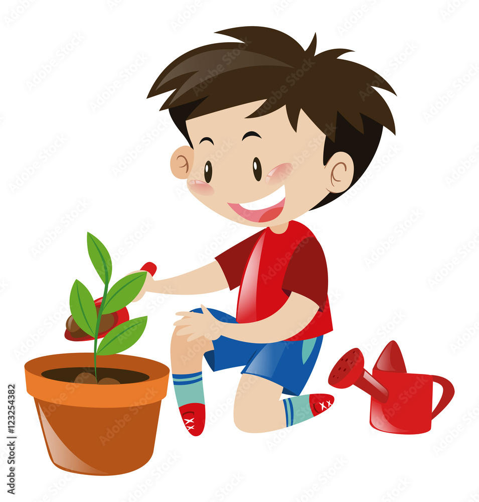 Boy planting tree in flower pot Boy planting tree in flower pot