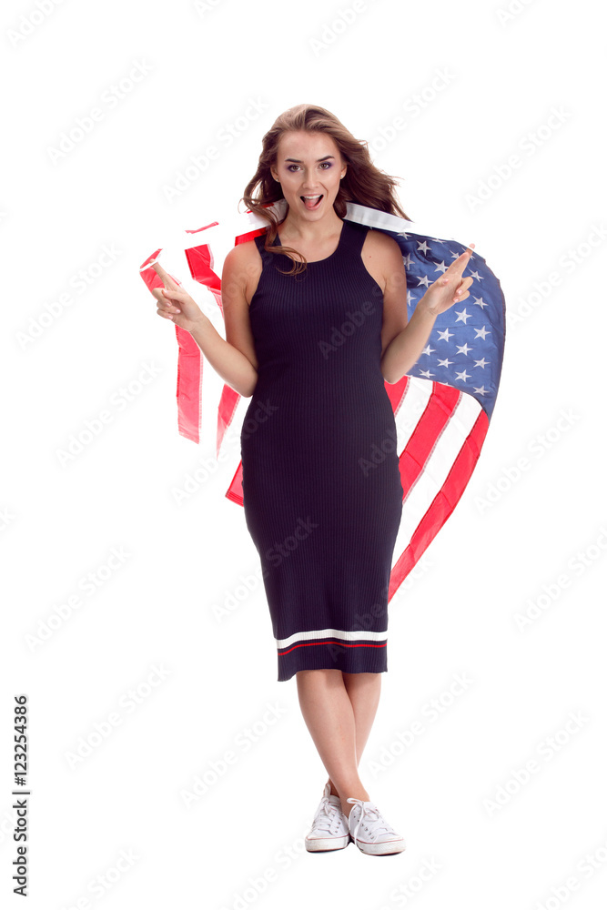 Happy young woman holding USA flag. Image isolated Happy young woman holding USA flag. Image isolated